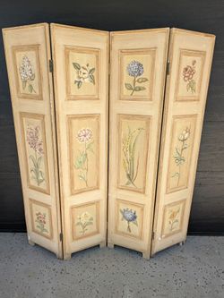 Vintage Hand-Painted Floral 4-Panel Room Divider