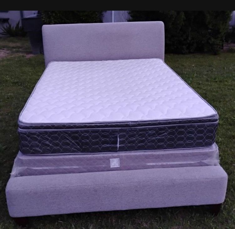 QUEEN SIZE MATTRESS SET WITH GRAY CLOTH COVERED BED FRAME