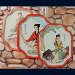 SET OF 3 Vintage GEISHA Multi-Purpose Metal, HAND-PAINTED Trays EXCELLENT CONDITION!👀🤯 Please Read Description.