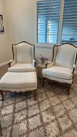Drexel Heritage Wingback Chairs + Ottoman – Professionally Reupholstered – Set of 3