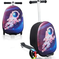 Yacul Kids Suitcase Scooter, 2-in-1 Foldable Luggage with LED Light Wheels, Lightweight Carry-On travel suitcase for Boys and Girls(Blue)