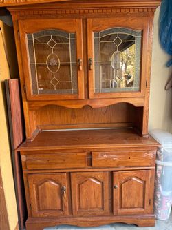 Oak China Hutch with Leaded Glass Doors