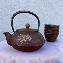 Japanese Koi Fish Set Teapot & 4 Teacups Ceremonial Grade Cast Iron Tea Set