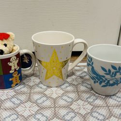 Lot of 3 Mugs - $5 for all - Blue Birds Gold Star & Gingerbread Men w/ Plush  