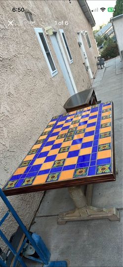 Handmade vintage sunflower, tile table with sturdy vintage wood base 🌻 64L x 36W x 31H *Oneofakind*