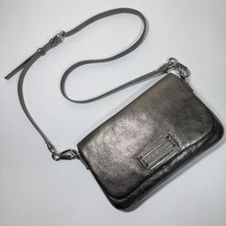 Marc Jacobs Leather Dark Silver Metallic Crossbody Shoulder Bag Purse Clutch