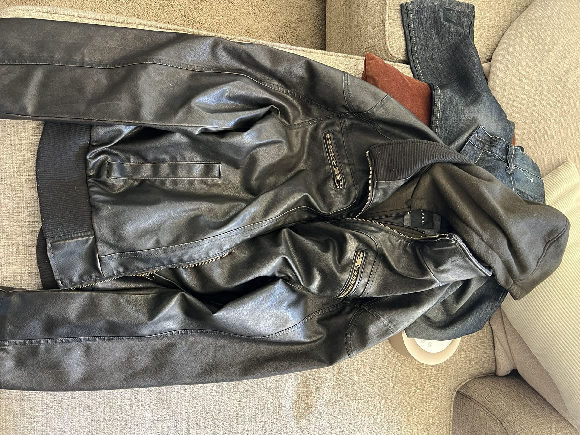 Sean John Faux Leather Bomber Jacket With Hoodie Y2K