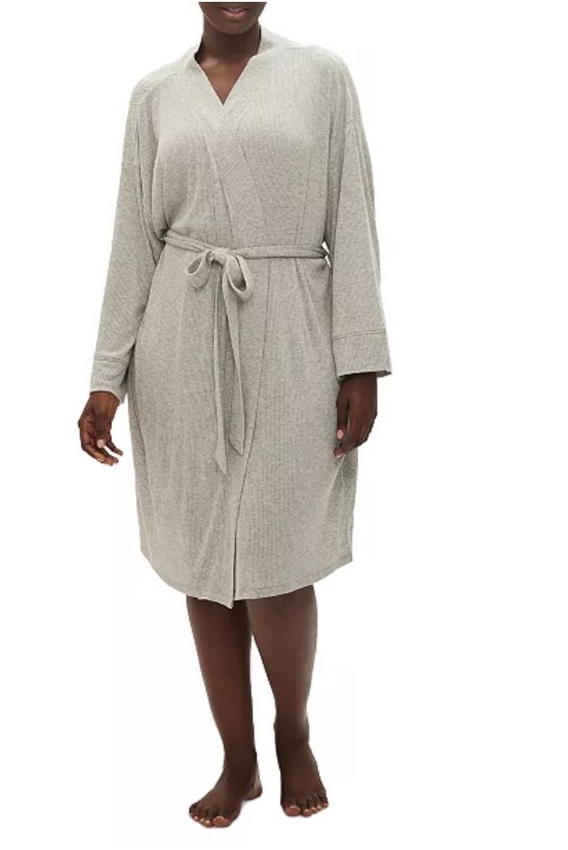 GAPBody Women's Long-Sleeve Ribbed Belted Robe - Grey - SZ L And XL