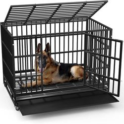 42 Inch Heavy Duty Indestructible Dog Crate, High Capacity Escape Proof Double Door Kennel with Lockable Wheels, 35" Tall Medium Dog Cage with 0.8" St