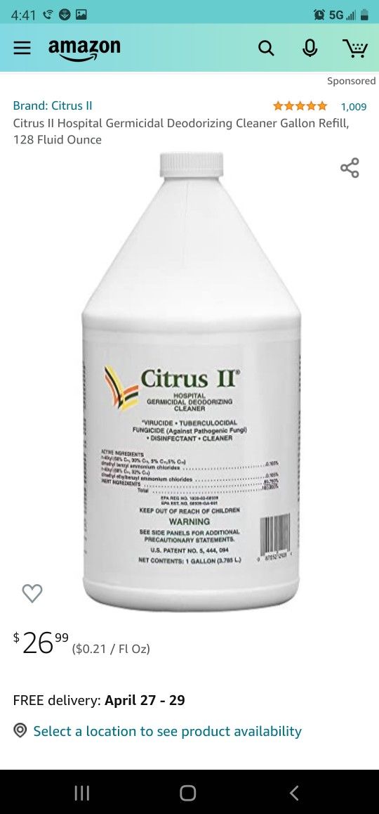 Citrus II Hospital Germicidal Deodorizing Cleaner Gallon Refill, 128 Fluid Ounce