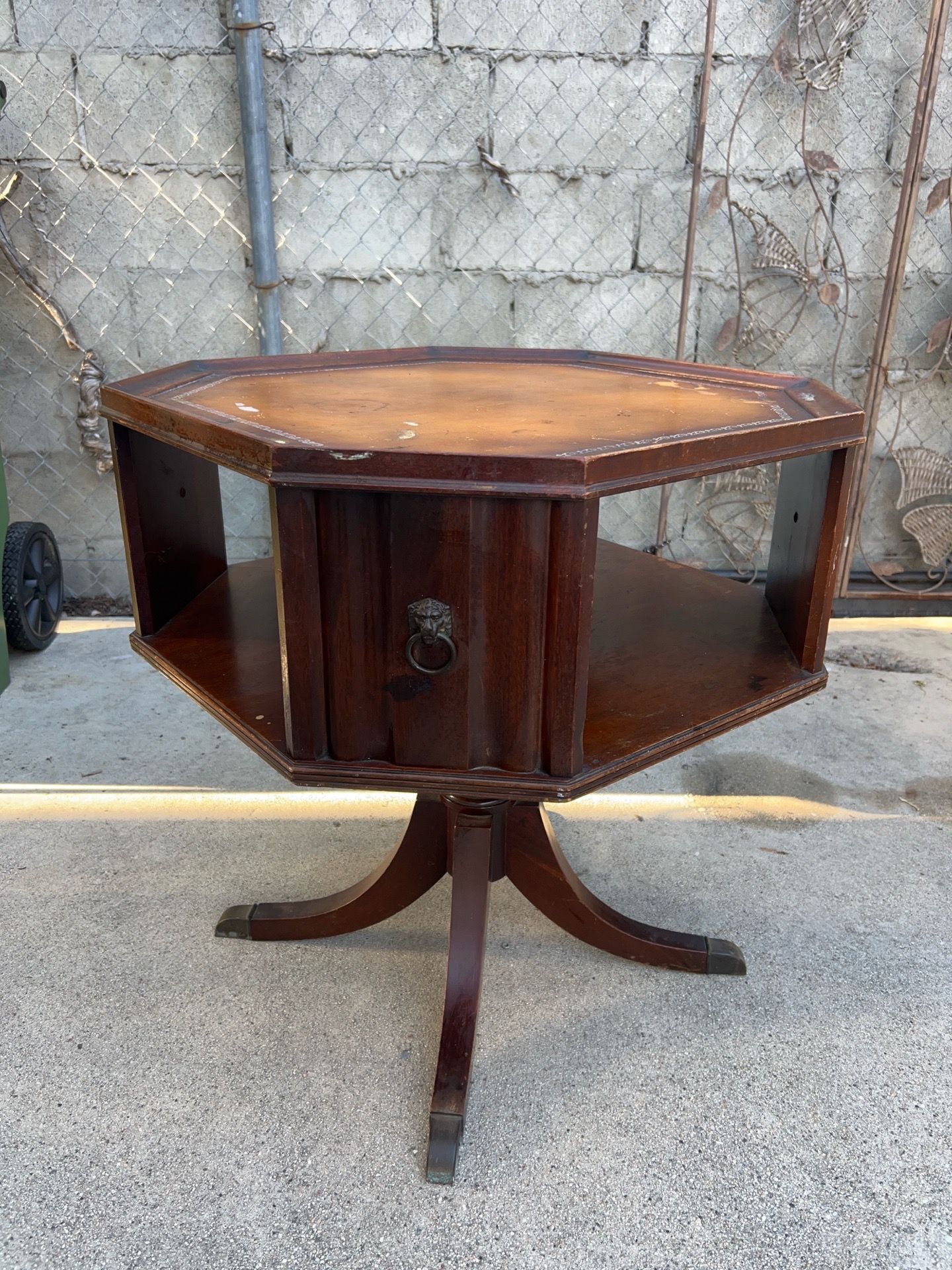 Vintage Mid Century Octagonal Leather Top Drum Table