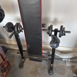 Weight Bench With Plate Loaded Dumbbells And Barbell 