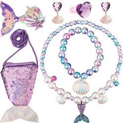 Halloween Mermaid Jewelry, Mermaid Jewelry Supplies Mermaid Outfit Costume with Handbags Earrings Rings Necklaces Bracelets Hair Clips Dress Up f