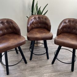 Counter Height Bar Stools Set of 3, 26" Swivel Faux Leather Upholstered Bar Stools with Backs and Metal Legs, Retro Counter Stools for Kitchen Island,