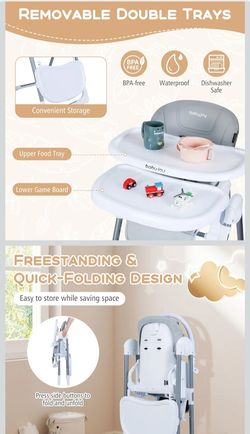 Foldable high chair adjustable height 2 trays baby joy