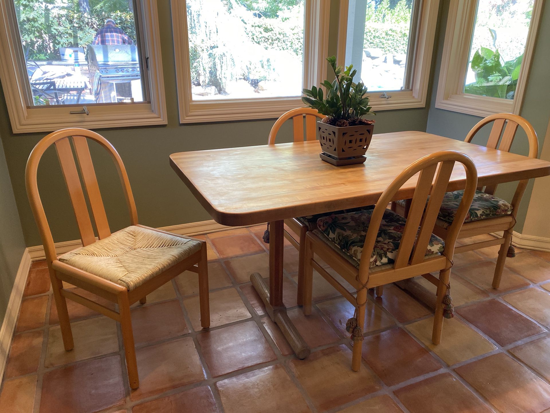 Solid butcher block table and six chairs