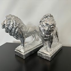 Pair of Silver-Leaf Covered Plaster Lion Bookends