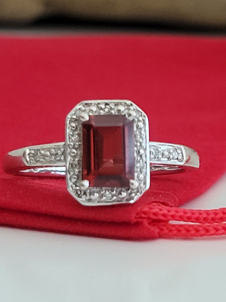 ❤️10k Size 7 – Solid White Gold emerald cut genuine Garnet and Diamonds Ring 👌🎁 - Anillo de Oro