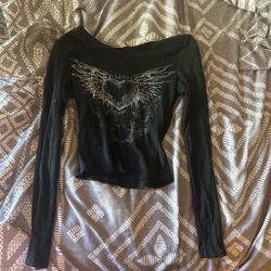 Black Long Sleeve Ribbed Heart Wings Top