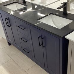 60” bathroom vanity new blue color with Quartz top 2 sinks Softclose drawers doors ready for pick up today