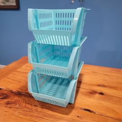 3 Mini Storage Plastic Blue Stackable Baskets ~ 9.5"×8"×5", Lightweight
