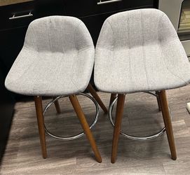 Pair of Mid-Century Modern Grey Fabric Bar Stools
