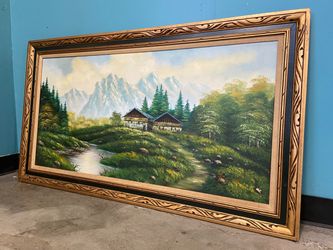 Mountain View Cottage Original Painting in Carved Frame