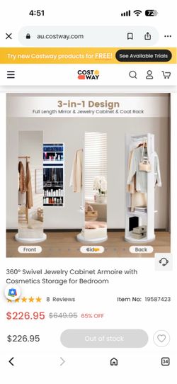 360° Swivel Jewelry Cabinet Armoire with Cosmetics Storage for Bedroom，$120