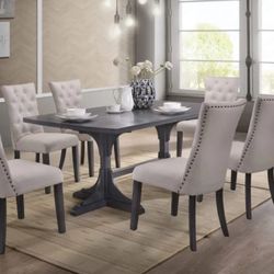 7pc Dining Table Set - Grey Table + 6 Tufted Chairs