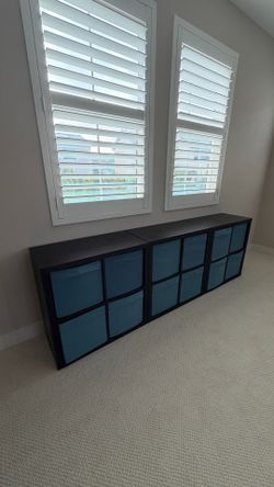 3 Black Cube Storage Shelves with Blue Fabric Bins