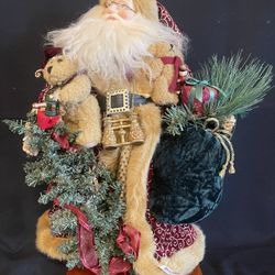 Vintage Santa Claus 21” tall with two teddy bears & bag of gifts, wood base