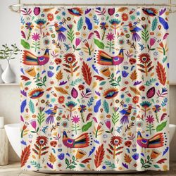 Mexican Shower Curtain Traditional Mexican Otomi Style Colorful Boho Florals Birds Art Print Waterproof Bath Curtain for Bathroom Decor with 12 Hooks 