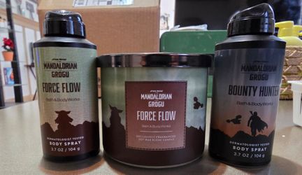 Bath & body works grogu &  mandalorian body spray, 3 wick candle bundle