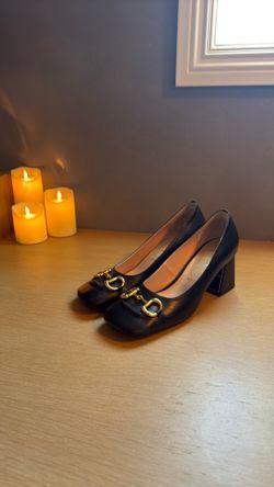Black Leather Heels with Gold Buckle