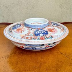 Japanese Imari Porcelain Covered Bowl Hand Painted Phoenix Birds Meiji 10” Dia.