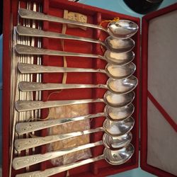 ANTIQUE Silver Spoons & Chop Sticks Set