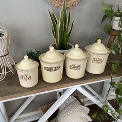 Vintage Pfaltzgraff 8 Piece Canister Set 1970s Village Pattern Good Condition