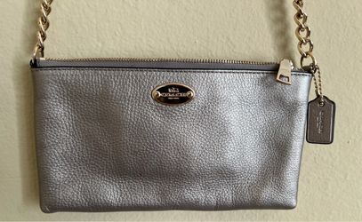Coach Quinn Gray Leather Chain Strap Zipper Closure Crossbody Bag