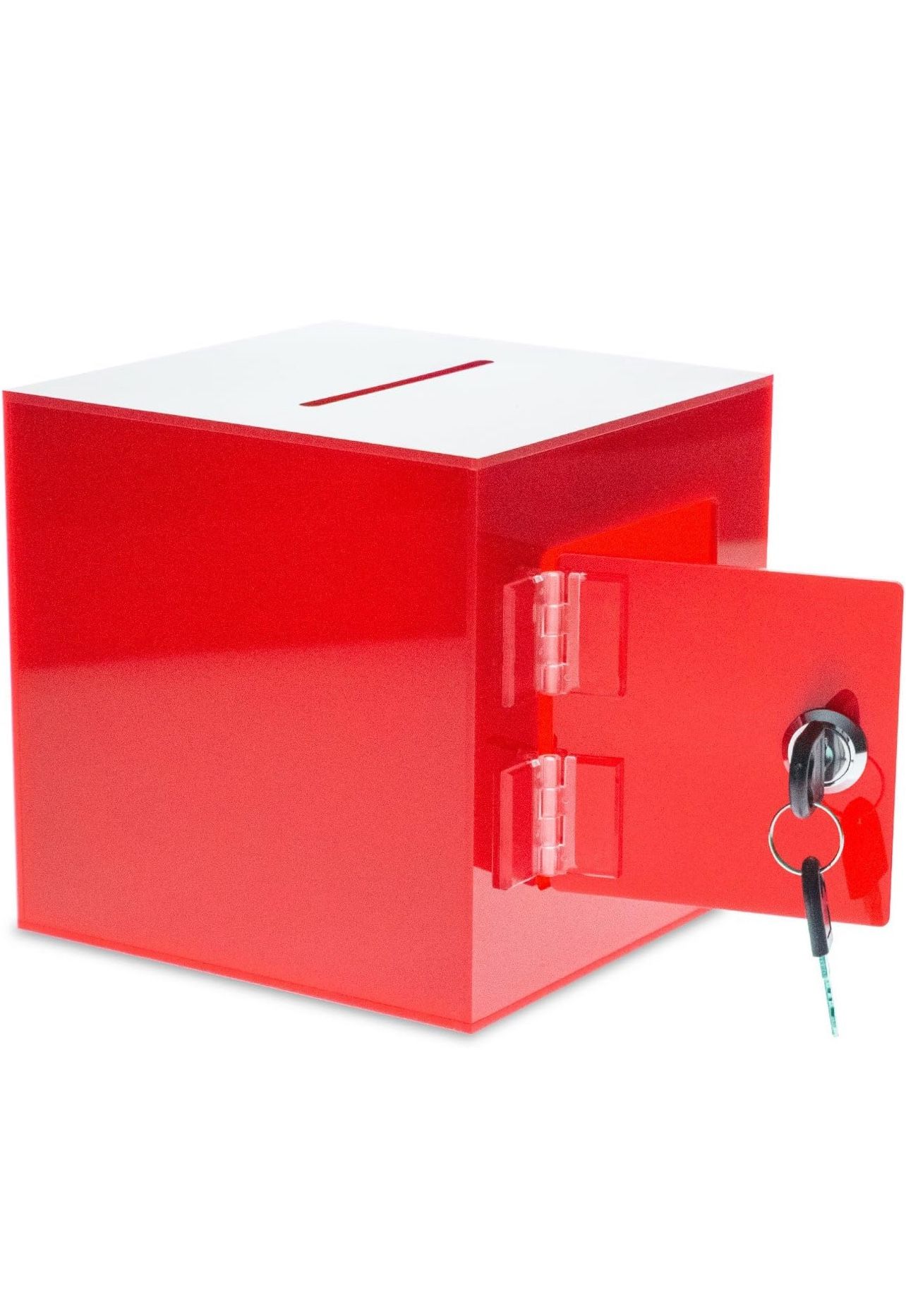 Source One Premium Acrylic Cube Donation Box with Deluxe Rear Open Door and Cam Lock Suggestion Box (8 Inch, Red)