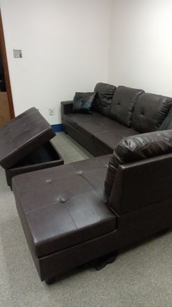 BRAND NEW DARK BROWN SECTIONAL SOFA COUCH SET WITH STORAGE OTTOMAN