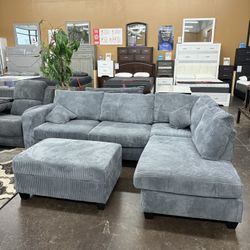 Corduroy Dark Gray Sectional Sofa Couch Storage Ottoman