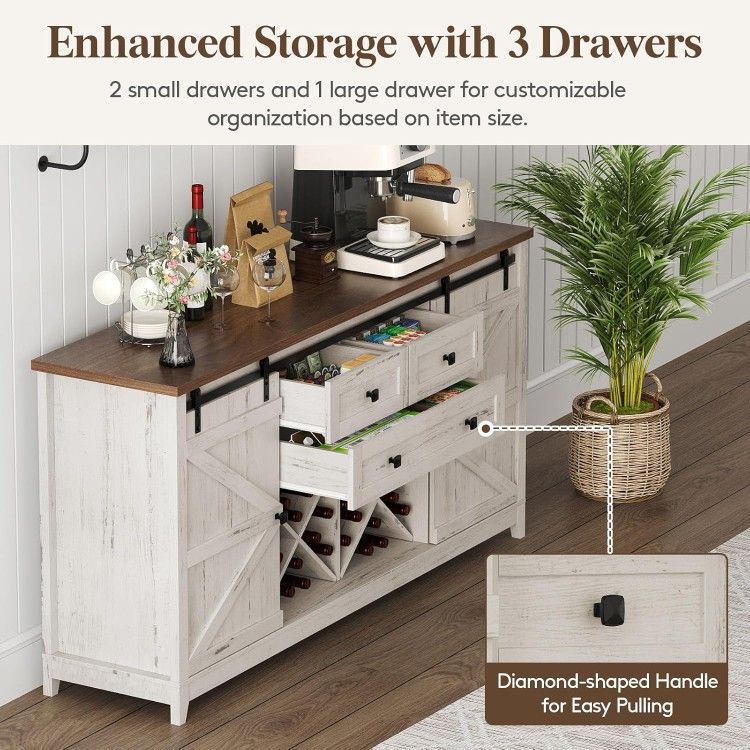 Farmhouse Sideboard with Sliding Bar Door and 2 Power Outlets/2 USB Ports, Buffet Cabinet, Wine Racks, 3 Extra Drawers and 2 Storage Cabinets with Adj