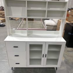 Kitchen Hutch Storage Cabinet, Freestanding Kitchen Pantry with Glass Doors and 3 Drawers for Dinning Room