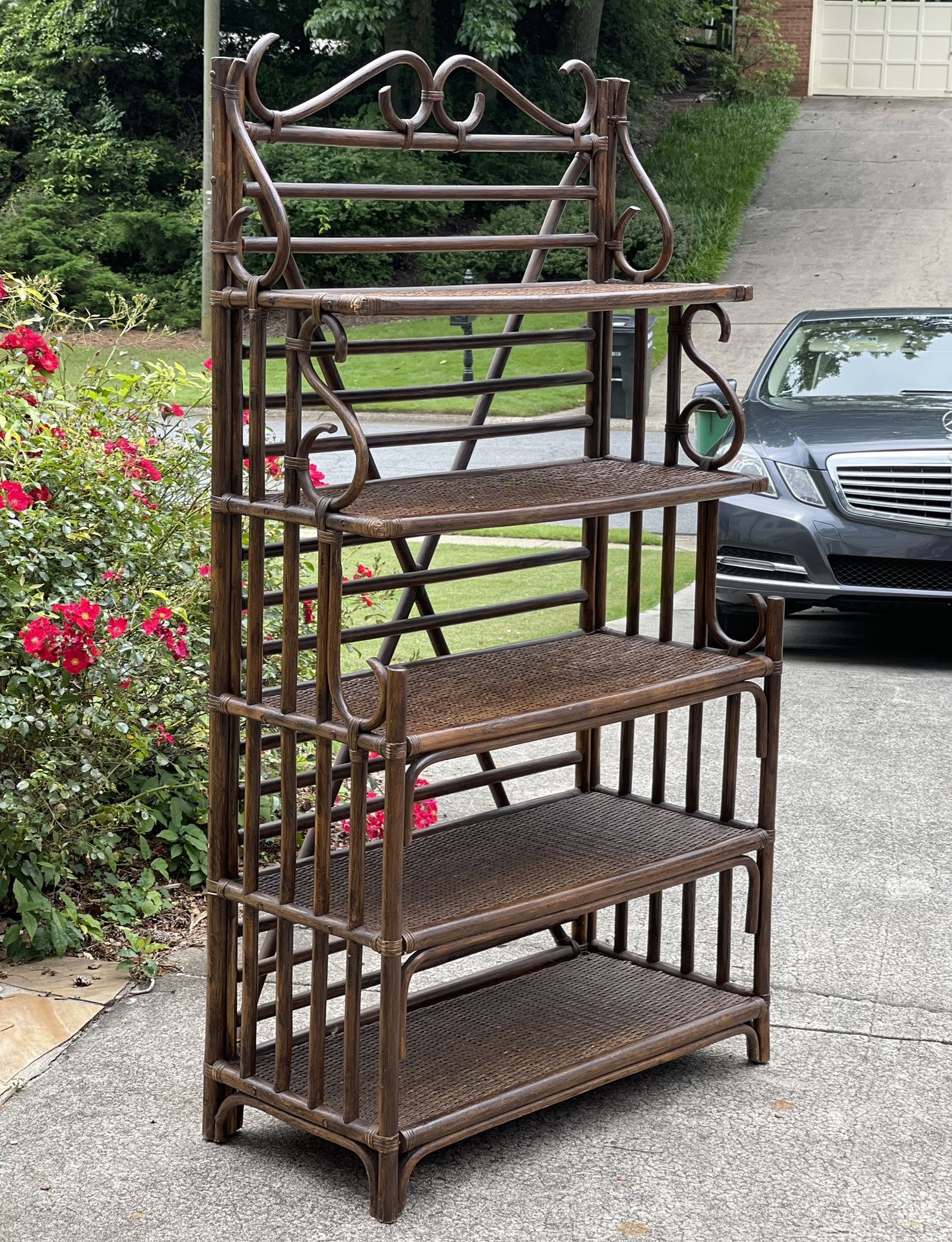 Late Mid Century Vintage Coastal Rattan Baker’s Rack Shelf Bamboo 