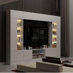 New in box 4-Piece White Wood Entertainment Center TV Console with Door Cabinets, Bookshelves, LED Lights for TVs up to 75 in. 020427-1-2