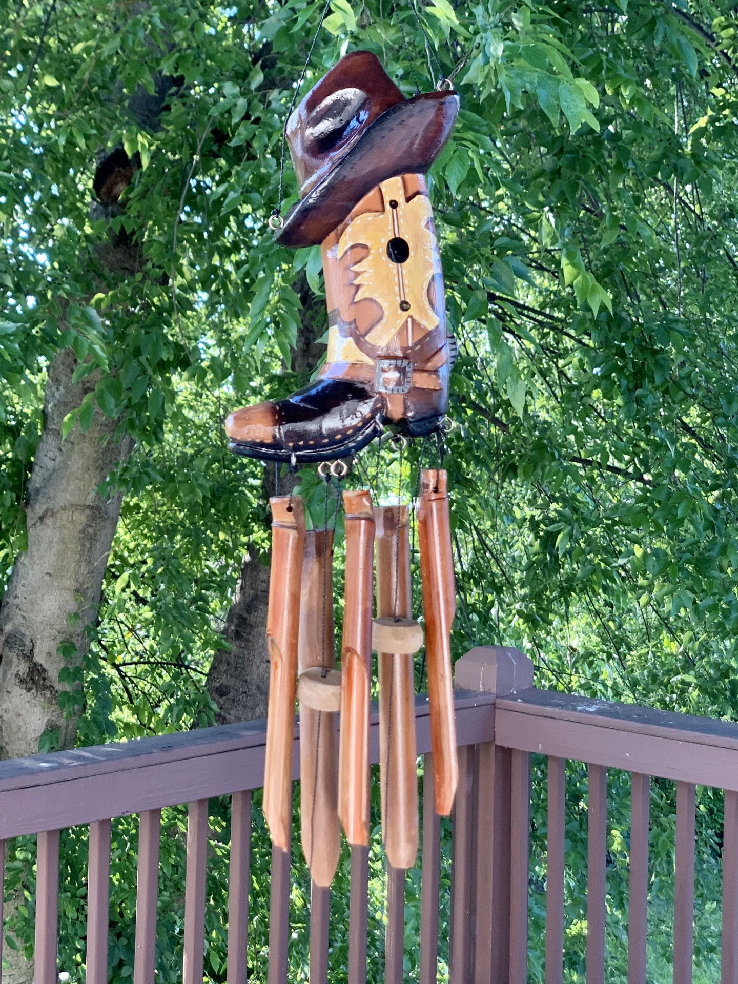 Ranch Style Texan Western Cowboy Hat & Boot Country Music Bamboo Artisan Wind Chime Mobile
