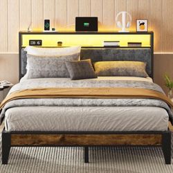 OLEVS Queen Bed Frame Metal Platform Bed Queen Size with 2-Tier Storage & LED Light Headboard, Charging Station Type C, No Box Spring Needed
