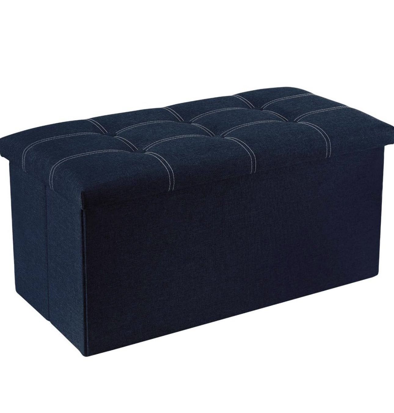 30 inches Folding Storage Ottoman, 80L Ottoman Bench Footrest Stool, Linen Fabric Blue Storage Chest Padded Seat, Can Support Up To 350lbs