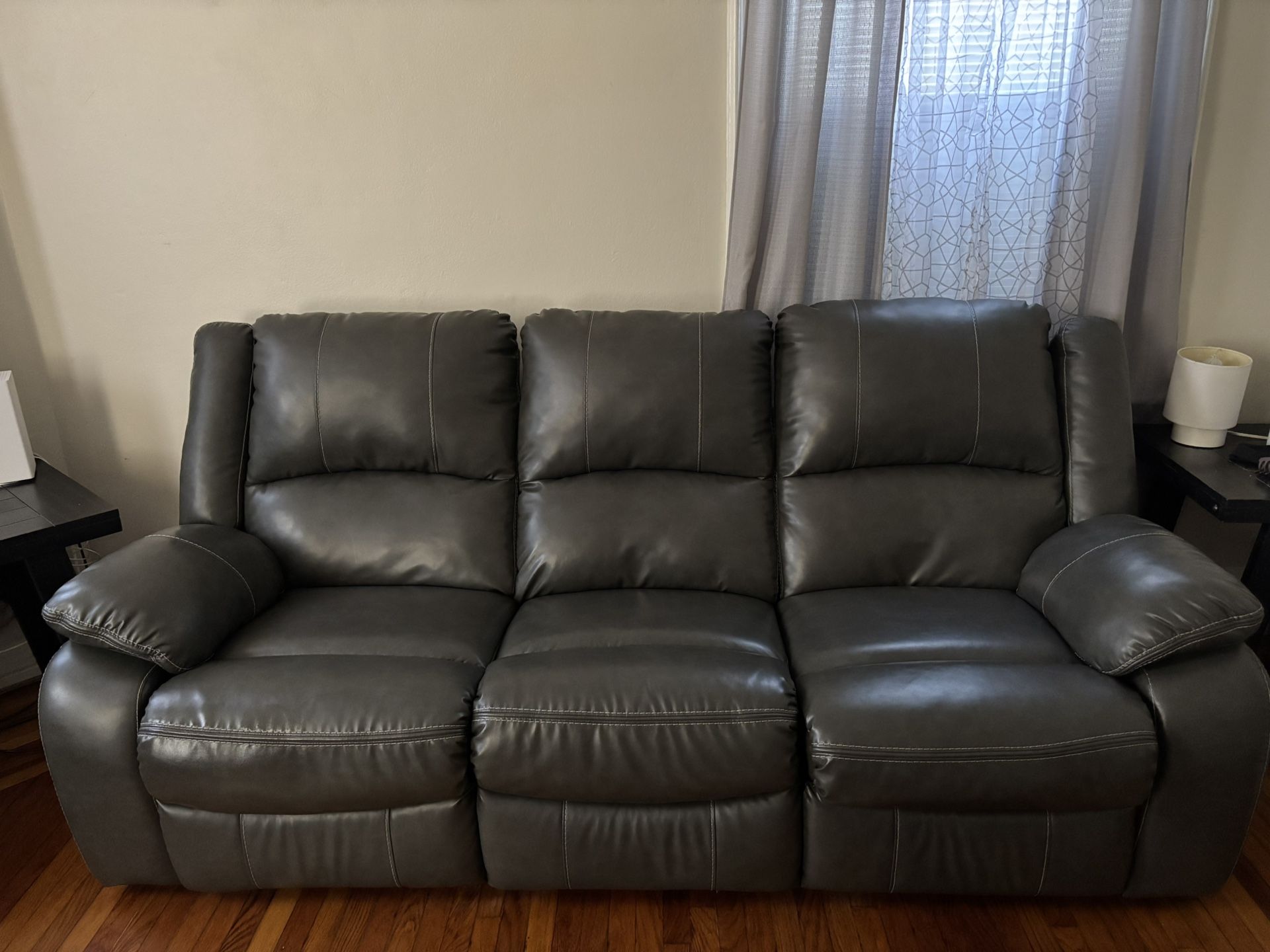 Living Room Set; Dark Grey Faux Leather Couches, Coffee Table And Side Tables