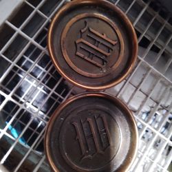 2 L.E. Mason co. Copper plated aluminum coasters/ashtray.